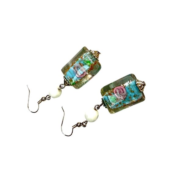 Glass Bead Earrings Rectangular Dangle Handmade Boho Jewelry Gift - Picture 7 of 8
